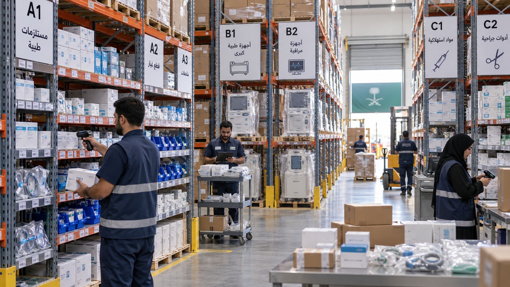 Medical device warehouse in Saudi Arabia with labelled racking for consumables, patient monitors and large equipment, and staff scanning stock.